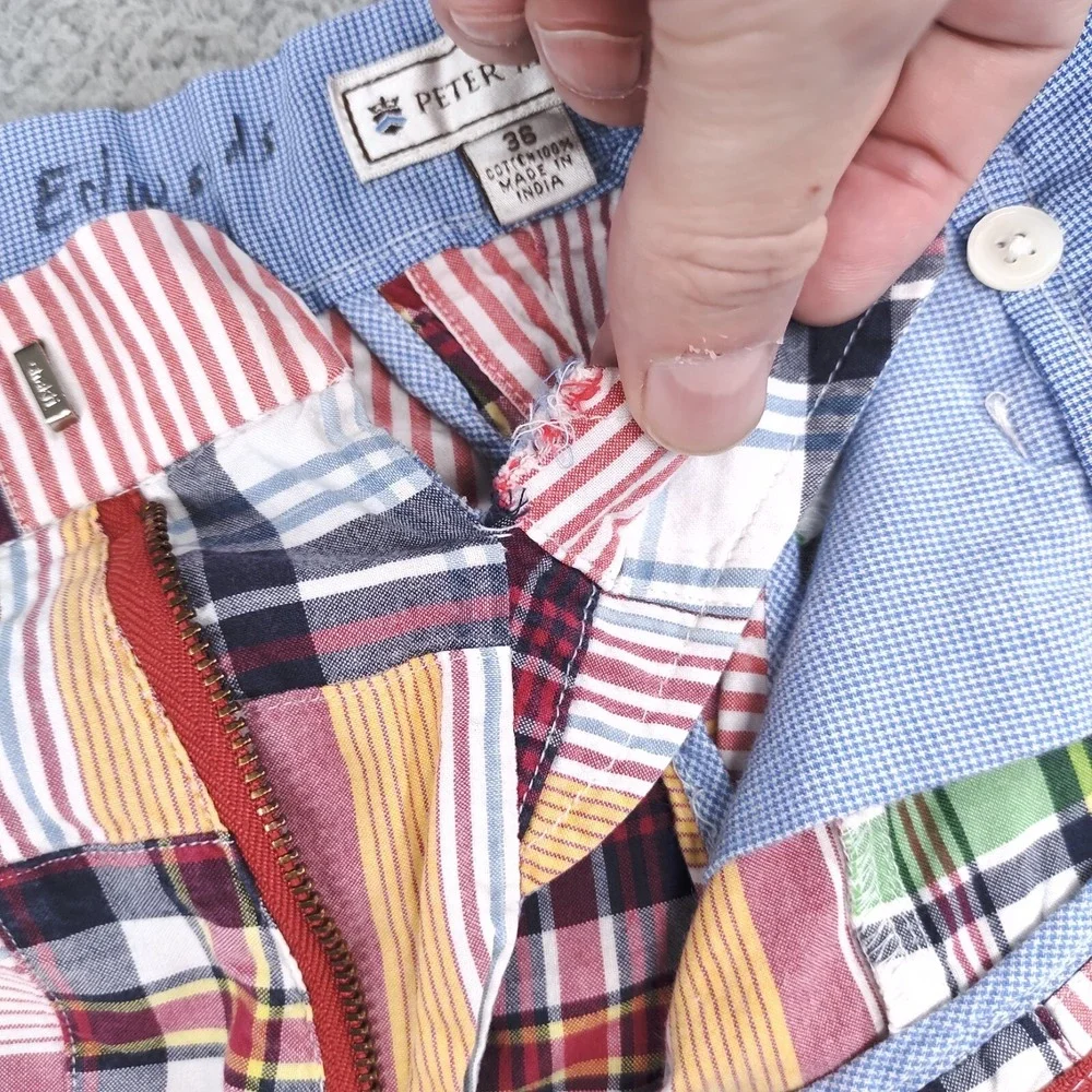 Peter Millar Shorts Mens 36 Madras Plaid Striped Patchwork Slash Pockets Chino